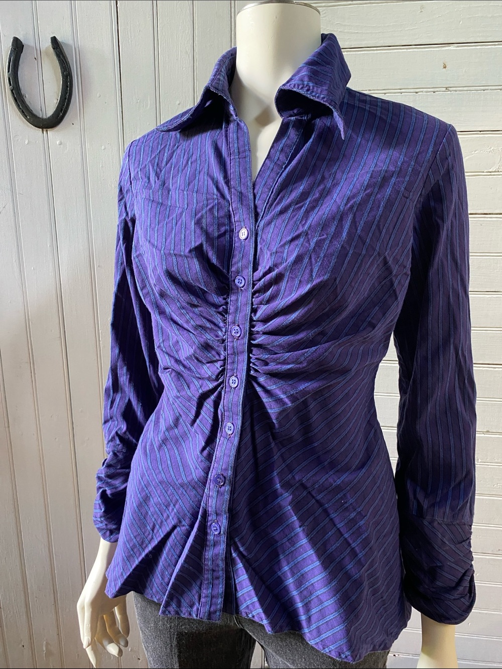 Finley Purple Striped Ruched Button-Down Shirt